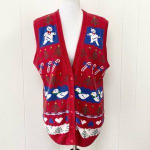 Vintage Laura Gayle Red Knit Ugly Christmas Theme Button Front Vest Size XL